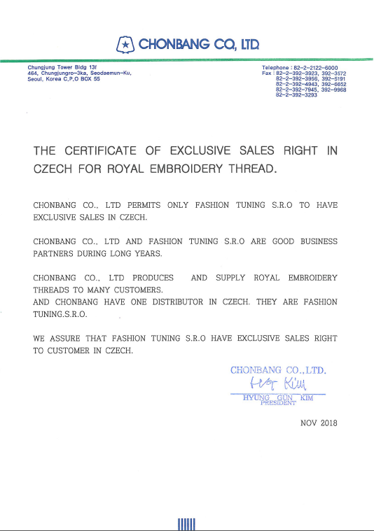 THE CERTIFICATE OF EXCLUSIVE SALES RIGHT_FASHION TUNING S.R.O